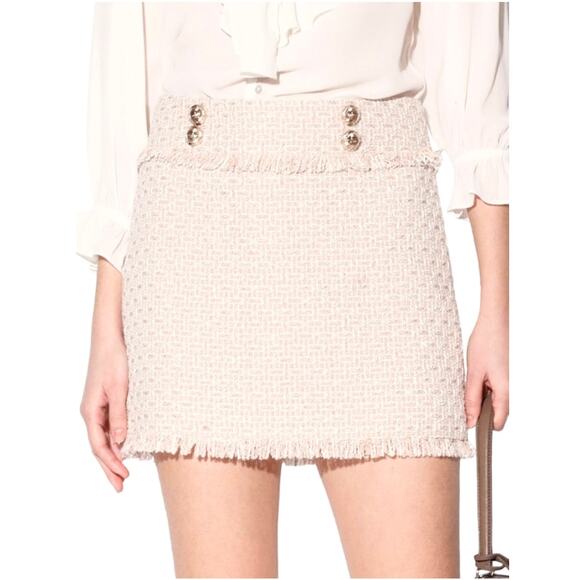 Walter Baker Dresses & Skirts - Walter Baker Daphne Tweed Mini Skirt Gold Button Fringe Angelic White NWT